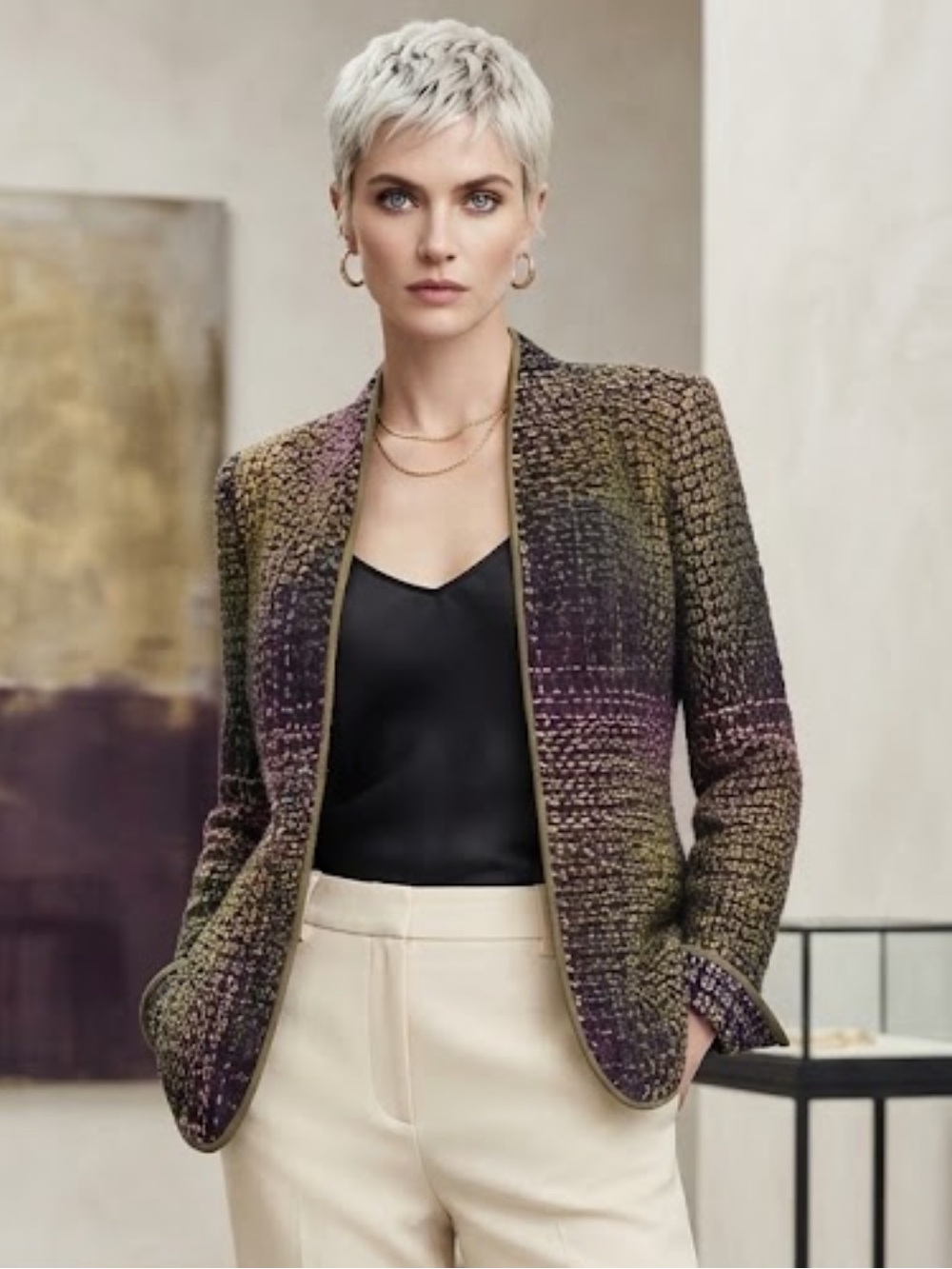 NWOT Vintage Ellen Tracy Linda Allard Multicolored Wool Woven Open Blazer